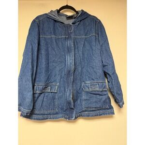 Blassport Petite Denim Hooded Jacket Medium Wash Zip Front Cotton Blue PL
